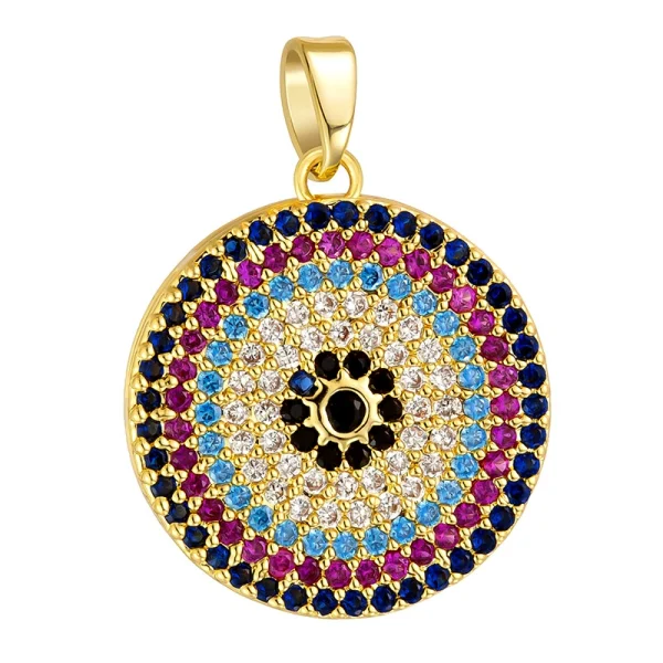 Gold-plated round pendant with colored diamonds