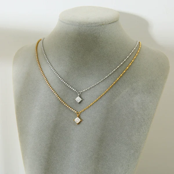 French INS exquisite retro stainless steel tennis chain bead chain splicing gold-plated inlaid zircon geometric pendant necklace