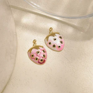 Stainless steel electroplating 18K gold pink oil drop strawberry fruit necklace bracelet earrings DIY pendant semi-finished product