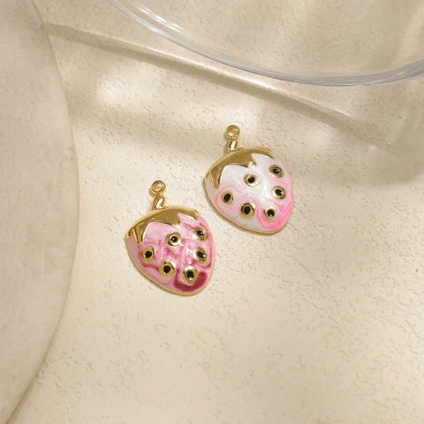 Stainless steel electroplating 18K gold pink oil drop strawberry fruit necklace bracelet earrings DIY pendant semi-finished product