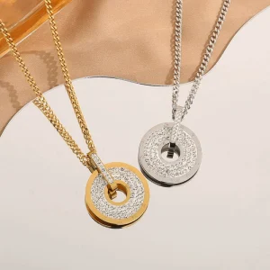 Diamond-studded titanium steel geometric necklace for women with round pendant design long sweater necklace