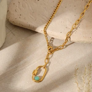 Buckle natural stone pendant personality necklace furnace vacuum plating 18K gold Cuban chain cross chain necklace