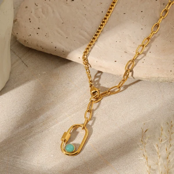 Buckle natural stone pendant personality necklace furnace vacuum plating 18K gold Cuban chain cross chain necklace