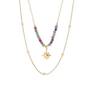 Titanium steel colored natural stone clavicle chain 18k gold non-fading octagonal star necklace for women