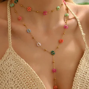 Colorful crystal woven flower necklace,double-layered Y-shaped tassel necklace