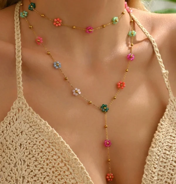 Colorful crystal woven flower necklace,double-layered Y-shaped tassel necklace