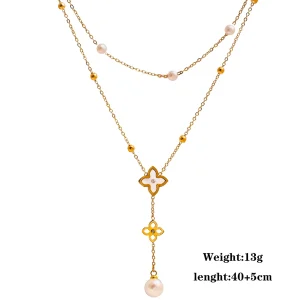 Round Bead Layered Chain Four Leaf Clover Pearl Tassel Necklace