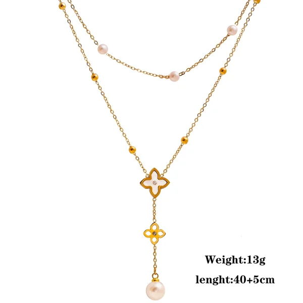Round Bead Layered Chain Four Leaf Clover Pearl Tassel Necklace