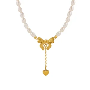 Bow Tassel Heart Freshwater Pearl Necklace