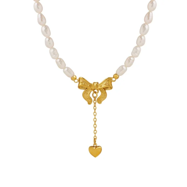 Bow Tassel Heart Freshwater Pearl Necklace