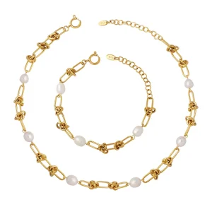 French Baroque Titanium Steel Jewelry Freshwater Pearl Twist Necklace Bracelet Jewelry Set