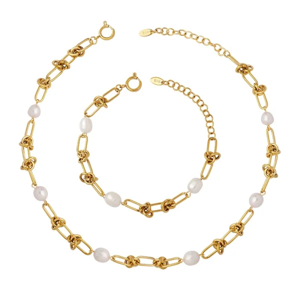 French Baroque Titanium Steel Jewelry Freshwater Pearl Twist Necklace Bracelet Jewelry Set