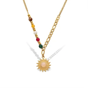 Colorful Natural Stone Beaded Stainless Steel Sun Pendant Necklace