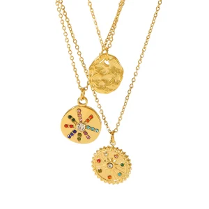 Hot sale titanium steel colored diamond relief pendant 18k gold geometric round inlaid zircon fashion sun necklace