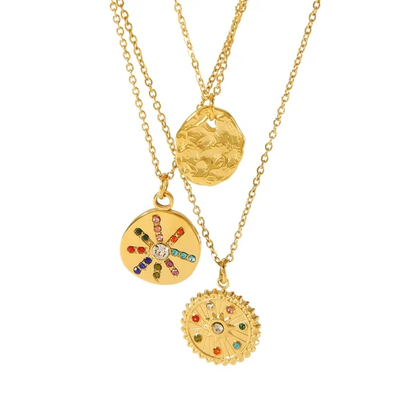 Hot sale titanium steel colored diamond relief pendant 18k gold geometric round inlaid zircon fashion sun necklace