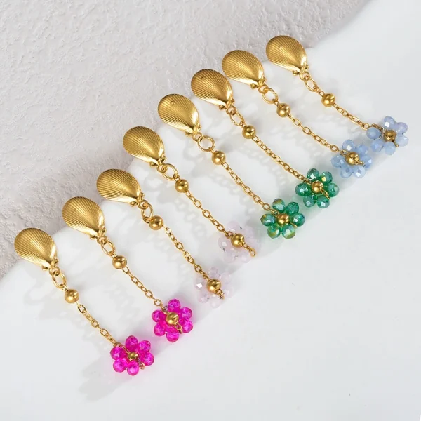 Colored crystal flower shell stud earrings with long dangling earrings