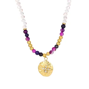Stainless Steel Coin pendant Necklace Handmade Crystal Natural Stone Necklace for Women