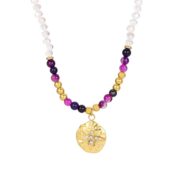 Stainless Steel Coin pendant Necklace Handmade Crystal Natural Stone Necklace for Women