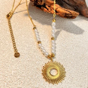 Stainless steel necklace sunflower pearl clavicle chain cross-border titanium steel jewelry