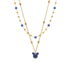 Sugar Cube Oil Drop Blue Bear Pendant Clavicle Chain Stainless Steel Rice Beads Crystal Beads Double Layer Necklace