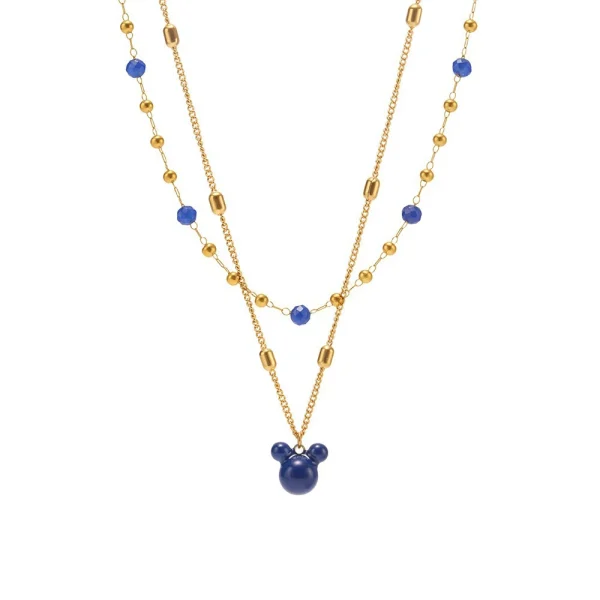 Sugar Cube Oil Drop Blue Bear Pendant Clavicle Chain Stainless Steel Rice Beads Crystal Beads Double Layer Necklace