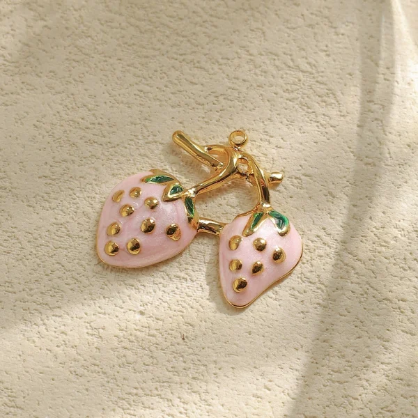 Stainless steel electroplated 18K gold double berry pendant handmade enamel pink strawberry pendant - 图片 2