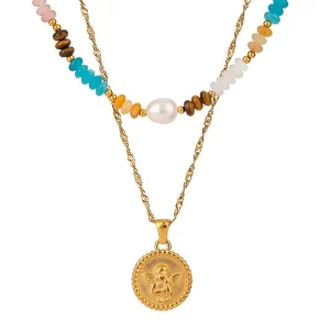 Stainless steel natural stone pearl beads angel pendant necklace