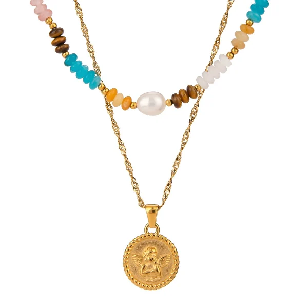 Stainless steel natural stone pearl beads angel pendant necklace