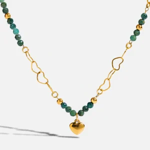 New Green Natural Stone Hollow Love Necklace Stainless Steel All-match Clavicle Chain
