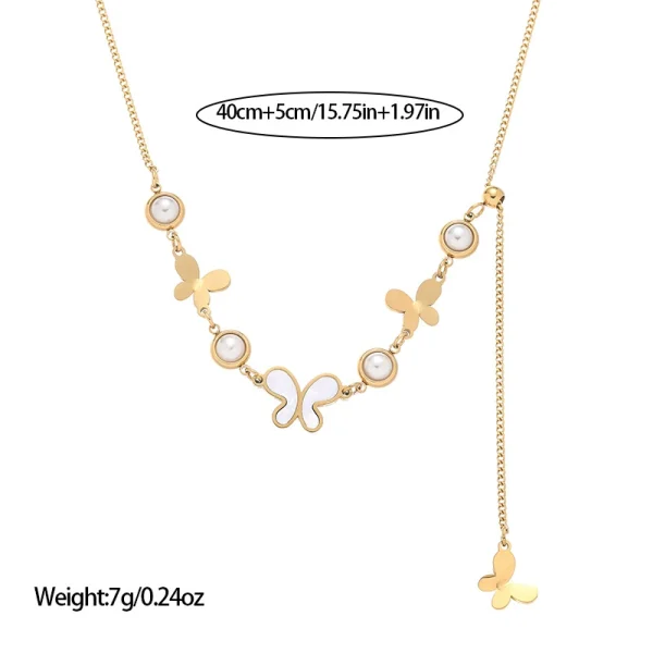 Adjustable zircon flower necklace Pearl butterfly stainless steel necklace - 图片 2