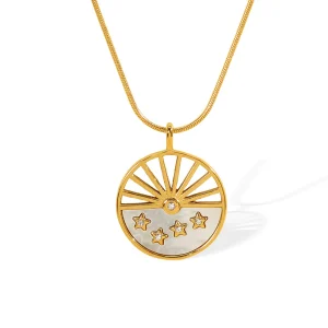 Stainless steel white shell sun and moon three-dimensional relief round necklace with diamond stars unique clavicle chain