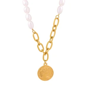 Embossed portrait medal pendant necklace natural freshwater pearl titanium steel all-match clavicle chain jewelry wholesale