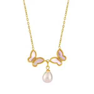 Stainless steel natural shell double butterfly diamond shell bead clavicle necklace PVD electroplating 18K real gold jewelry