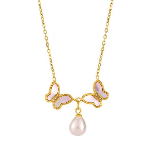 Stainless steel natural shell double butterfly diamond shell bead clavicle necklace PVD electroplating 18K real gold jewelry