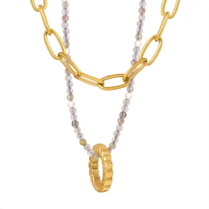 Double layered jewelry natural stone beaded textured hoop pendant titanium steel necklace