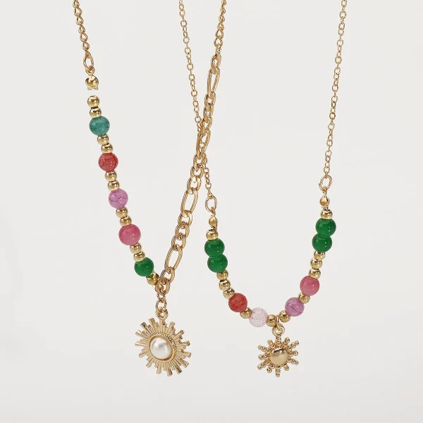 Fashion dopamine colored glass bead necklace Personalized ins beaded sun pendant clavicle chain - 图片 2
