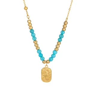 Gold round bead blue crystal necklace stainless steel square pendant necklace