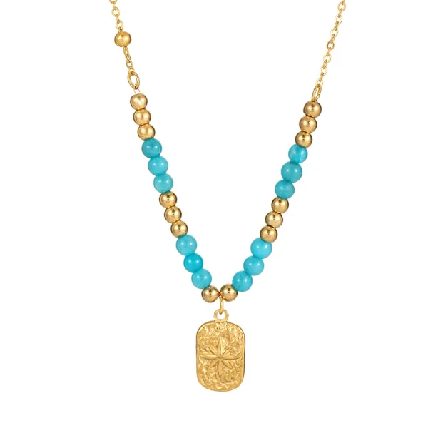 Gold round bead blue crystal necklace stainless steel square pendant necklace