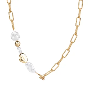 Flat Pearl Metal Round Beads Alloy Square Chain Necklace