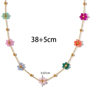 Retro colorful flower beaded necklace dopamine girl flower choker titanium steel summer clavicle chain