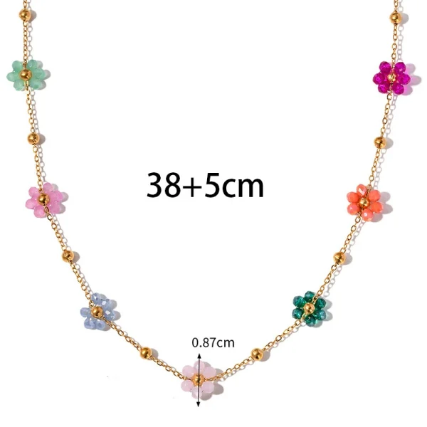 Retro colorful flower beaded necklace dopamine girl flower choker titanium steel summer clavicle chain