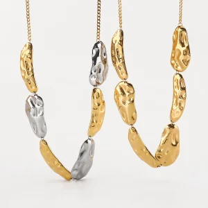 Fashion irregular geometric stainless steel necklace color matching pleated hammer pattern clavicle chain