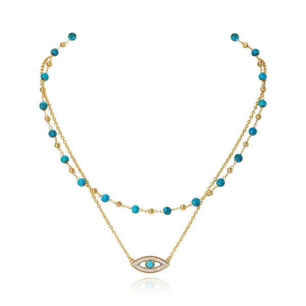Double-layer geometric round pendant necklace for women, turquoise design clavicle necklace - 图片 2