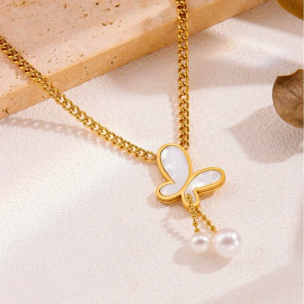 Titanium Steel White Mother-of-Pearl Butterfly Pearl Tassel Necklace - 图片 2