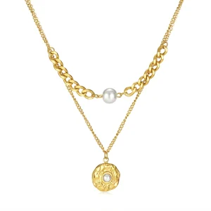 Double Layer Necklace Round Hammered Pearl Pendant Stainless Steel Necklace