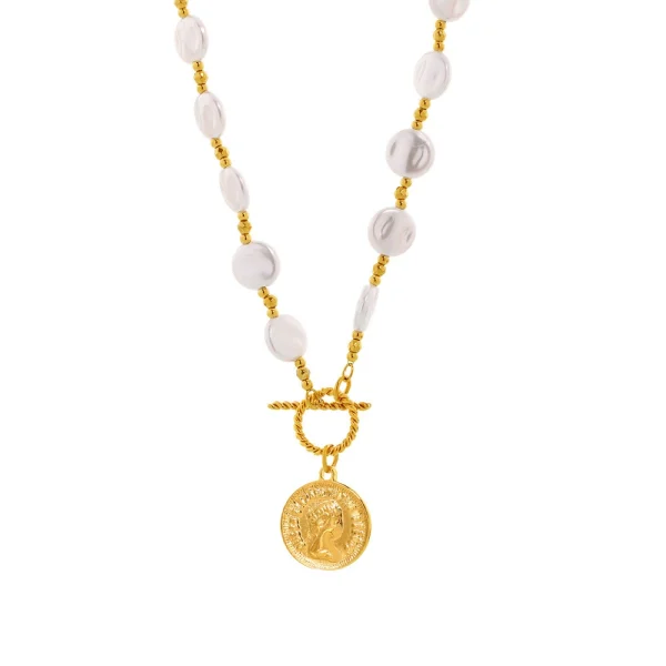 Stainless steel OT clasp Elizabeth portrait pendant pearl necklace