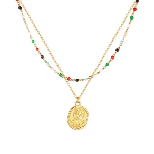 Rose Pendant Double Layer Colorful Beaded Necklace