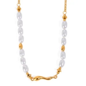 18K gold stainless steel oval pearl smooth wave straight necklace workplace women's jewelry