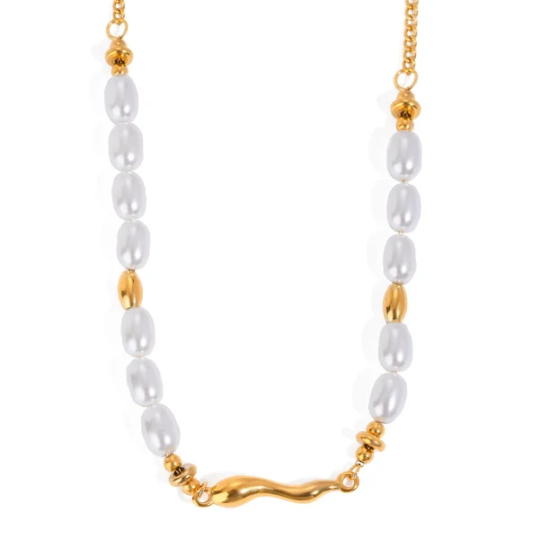 18K gold stainless steel oval pearl smooth wave straight necklace workplace women's jewelry
