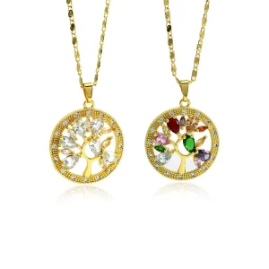 Micro-paved Zirconia Tree of Life Round Pendant Copper Gold Plated Necklace